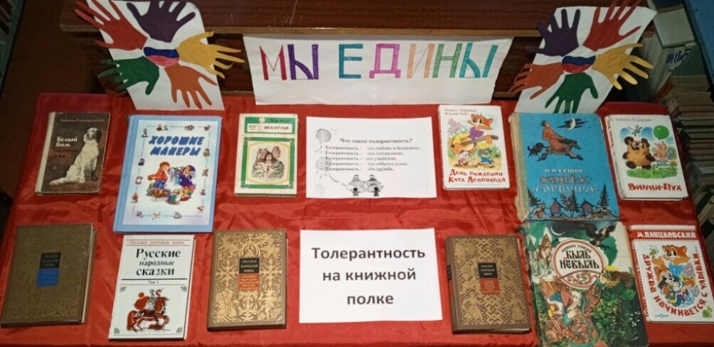 Выставка ко Дню толерантности в сельской библиотеке.